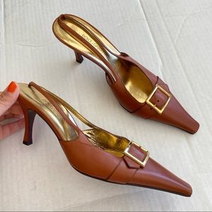 Dolce & Gabbana Size 40 Tan Leather Buckle Pointed Toe Slip-on Slingback Heel